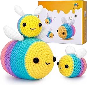 Crochet Kit for Beginners - Starter Kit with Video Tutorials for Adults & Kids, Knitting Kit with 3 Bee Family (40%+ Yarn)