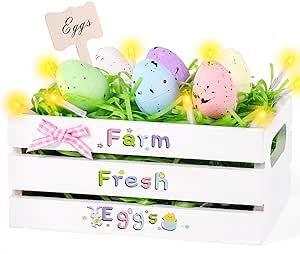 Easter Tiered Tray Decor Mini Wooden Crate Farm Fresh Eggs Wooden Sign Rustic Farmhouse Wood Box with Decorative Eggs with LED Light and Raffia for Easter Spring Home Decor Table Centerpiece