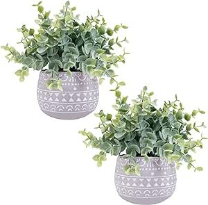 Winlyn 2 Pack Small Potted Plants Faux Eucalyptus in Gray Ceramic Pots Artificial Greenery Potted Plants 7.1" Tall for Farmhouse Table Mantel Shelf Bathroom Kitchen Office Desk Decor