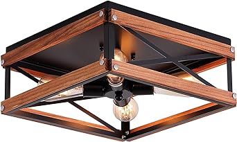 4-Light Rustic famrhouse Flush Mount Ceiling Light Metal and Wood Square Flush Mount Ceiling Light Fixture for Hallway Bedroom Kitchen Entryway Living Room, Black