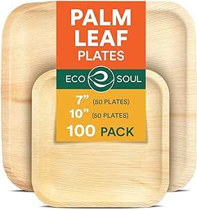 ECO SOUL Compostable 7 & 10 Inch Palm Leaf Square Plates (100 Count) Like Bamboo Plates | Biodegradable | Eco-Friendly, Microwave & Oven Safe - Party Pack