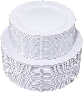 U-QE 100 Pieces White Disposable Plates - Premium Hard Plastic Plates for Wedding and Party Use Including 50 Dinner 10.25 '' & 50 Dessert 7.5 '' Plates
