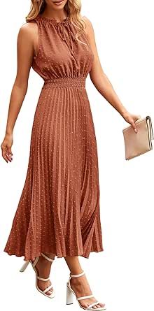 PRETTYGARDEN Women's Midi Summer Dresses Casual V Neck Swiss Dot Ruffle Sleeveless A Line Beach Sun Dress