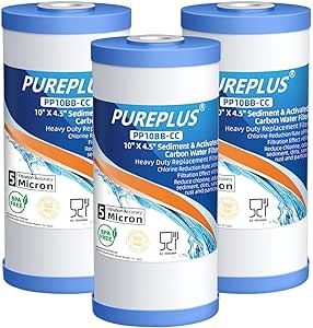 PUREPLUS 5 Micron 10" x 4.5" FXHTC Whole House Sediment and Carbon Water Filter Replacement Cartridge for GE GXWH40L, GXWH35F, GNWH38S, Culligan RFC-BBSA, WRC25HD, RFC-BB, PP10BB-CC, WFHD13001, 3Pack