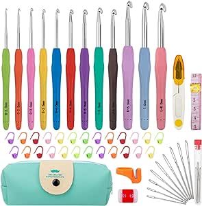 Crochet Hooks 12 Sizes Crochet Hook Set, 51 Pack Yarn Crochet Kit for Beginners, Knitting Needles with Ergonomic Handles for Arthritic Hands, Crochet Needle Kit with Blue Case for Crocheters