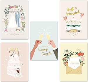 Wedding Cards for the Bride and Groom with Envelopes 5”x7”, Pack of 10 Assorted Cards, Blank Notes for Wedding Congratulations Card Bridal Showers Engagement Parties, Chic Designs with Real Gold Foil