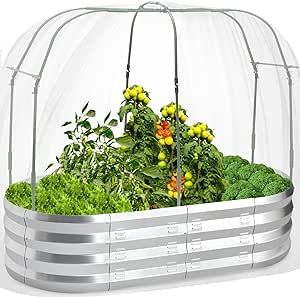Raised Garden Bed with Greenhouse Frame and 3 Covers, Galvanized Metal Oval Planter Box for Outdoor Gardening, Tall Garden Box with Large Planting Space for Vegetables, Flowers, Herbs