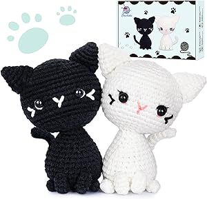 Crochet Kit for Beginners, Crochet Starter Kit with Step-by-Step Video Tutorials, Crochet Animal Kits for Adults Kids, DIY Craft Supplies, 2 Pack Halloween Magical Cats (40%+ Yarn)