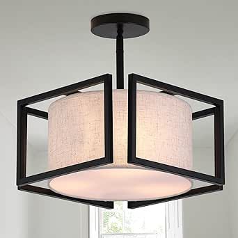 3-Light Semi Flush Mount Ceiling Light Fixture,12.6”Modern Close to Ceiling Light with Fabric Linen Shade Black Metal Frame,Entryway Light Fixtures Ceiling Hanging for Bedroom Hallway