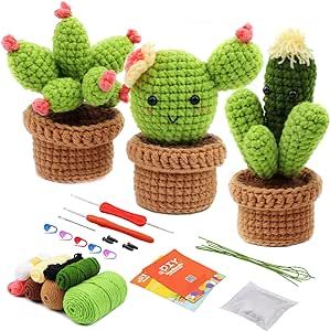 Crochet Starter Kit, Crochet Kit for Beginners, Beginner Crochet Kit for Adults, with Crochet Hooks, Yarn, Polyester Fiber, Stitch Markers, Plastic Eyes and Instructions - Green 3 pcs