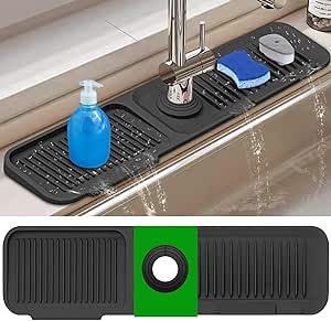 Sink Splash Guard, 5°Slope Silicone Draining Mat for Kitchen Sink, 24 inch Sink Faucet Mat, Silicone Sink Faucet Mat Splash Guard, Sink Water Splash Guard, Sink Accessories for Kitchen, Bathroom