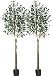 CROSOFMI Artificial Olive Tree Plant 83"(7Ft) Fake Topiary Silk Tree, Perfect Faux Plants in Pot for Indoor Outdoor House Home Office Garden Modern Decoration Housewarming Gift,2Pack