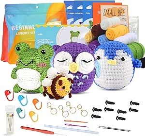 ???? Crochet Kit for Beginners (Pack of 4) Crochet Animals: Frog, Penguin, Owl, Bee - Amigurumi Crochet Kit for Adults, Kids with Step-by-Step Video Tutorials and Yarns, Hook, Accessories