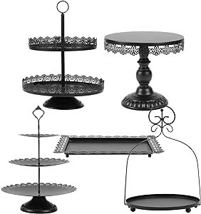 5Pcs Black Cake Stands Set Metal Cupcake Holder Cookies Dessert Display Plate Serving Tower Tray Platter with Handl for Baby Shower Wedding Birthday Party Celebration