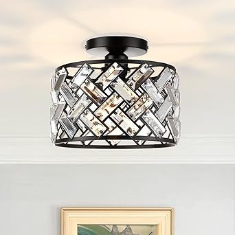 FRIDEKO HOME Light Fixtures Ceiling Mount - Black Hallway Light Fixtures Ceiling Crystal Semi Flush Mount Ceiling Light Bedroom Ceiling Lights for Kitchen Living Room Bathroom Porch