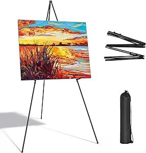 Display Black Easel Stand for Wedding Sign - Artist Instant Tripod Collapsible Portable Floor Easel for Posters- 63" Adjustable Easy Folding Metal Stand for Display Show, Arts, Painting