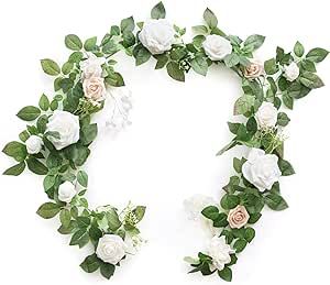 Ling's Moment Artificial Rose Flower Runner Rustic Flower Garland Floral Arrangements Wedding Ceremony Backdrop Arch Flowers Table Centerpieces Decorations (5FT Long, White)