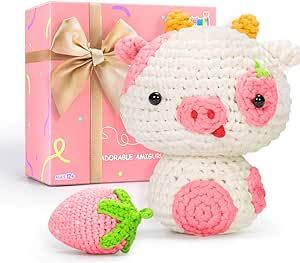 Crochet Kit for Beginners, Complete DIY Kit Animals with 40%+ Pre-Started Tape Yarn Step-by-Step Video Tutorials for Adults Kids (Strawberry Cow)
