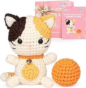 Crochet Kit for Beginners, Complete DIY Kit with 40%+ Pre-Started Tape Yarn Step-by-Step Video Tutorials for Adults Kids (Pumpkin Cat)