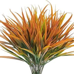 6 Bundles Artificial Outdoor Plants UV Resistant Fake Grass Plants Faux Plastic Plants Greenery Shrubs for Home Garden Pathway Window Box Front Porch Summer Fall Decor, Autumn Orange