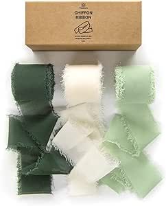 Vitalizart 3 Rolls Handmade Fringe Chiffon Silk Ribbon 1.5" x 7Yd Cream & Green Ribbons Set for Wedding Invitations Bridal Bouquets Gifts Wrapping DIY Crafts