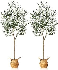 MOSADE Artificial Olive Tree 6 Feet Fake Olive Silk Plant and Handmade Seagrass Basket, Perfect Tall Faux Topiary Silk Tree for Indoor Entryway Modern Decor Home Office Porch Balcony Gift,2Pack