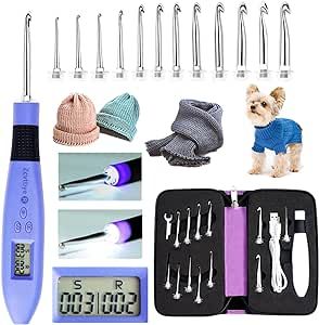 Zcvtbye Counting Crochet Hook Set,Ergonomic Crochet Hooks with LED Light and Digital Stitch Counter, Beginner Knitting Kit with 12 Interchangeable Crochet Hooks for Crocheting and Knitting, Clear