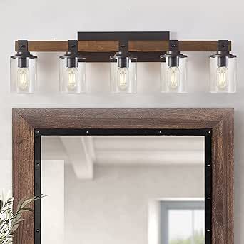Farmhouse Bathroom Lights Over Mirror,5-Light Rustic Vanity Light Fixture with Clear Glass Shade,Indoor Wall Lighting for Living Room,Bedroom,Kitchen