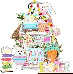 Thrilez 21 Pcs Easter Tiered Tray Decorations Set, Bunny Eggs Happy Easter Wood Signs Bead Garland Spring Decorations for Home, Farmhouse