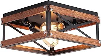 Rustic Farmhouse Flush Mount Light Fixture Two-Light Metal and Wood Square Flush Mount Ceiling Light for Hallway Bedroom Kitchen Entryway, Black