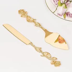 Cake Cutting Set for Wedding, Personalized Gold Cake Knife and Server Set, Custom Cake Serving Set, Engraved Pastry Pie Server Cake Pizza Cutter, Birthday Bridal Gift (F-Rose)