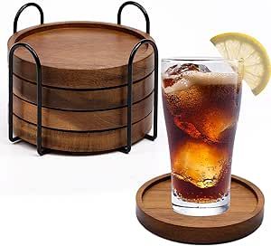 4 Pcs Wood Coasters for Drinks Absorbent, Wooden Coasters with Holder, Drink Coasters for Coffee Table, Absorbent Coaster Set for Table Protection Drink Coasters for Farmhouse, Office, Bar