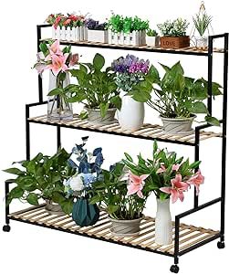Rolling Rustic Plant Stand, 3 Tier Heavy Duty Metal Plant Shelf with Wheels Flower Plant Holder Shelves Rack with Pine Wood for Multiple Plants Indoor Home Outdoor Patio Balcony Yard Garden Black