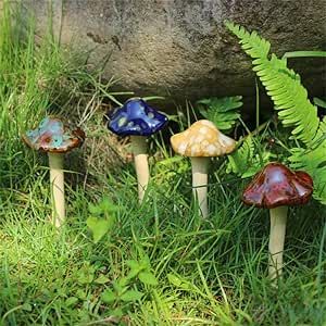 Danmu Garden Decor, 4pcs (Random Color) Ceramic Mushroom for Garden, Yard, Fairy Garden - Lawn Ornament Decor, Pottery Ornament 4.52" in Height (Dark Version)