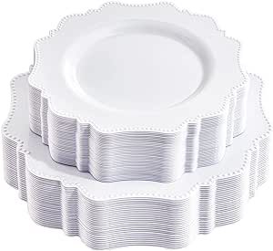 100pcs White Disposable Plastic Plates-Heavy duty plate for party/wedding/anniversary 50 dinner plates and 50 dessert/salad plates