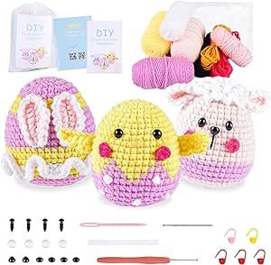 Crochet Kit for Beginners Kid Adult, Easter Animals Knitting Kit, Learn to Bunny Egg Chick Sheep Crochet Kit, Include Yarns, Hook, Accessories, Video Instructions Starter DIY Craft Gift