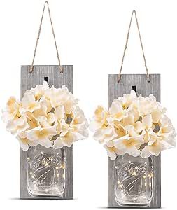 HOMKO Decorative Mason Jar Wall Decor - Rustic Wall Sconces with 6-Hour Timer LED Fairy Lights and Flowers - Farmhouse Home Decor (Set of 2)