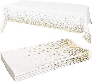 Prestee White/Gold Tablecloths, 4pk, 54"x108" - Gold Dot Disposable Tablecloths - Plastic Table Cloth Disposable - White Tablecloths - Party, Wedding, Baptism Decorations, Engagement Party Decorations
