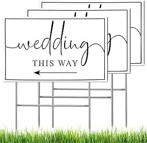 3 Packs Wedding Direction Arrow Signs with H Stakes, Wedding This Way Plastic Signs Double-Sided Printed Arrows Wedding Signs, Waterproof Wedding Directional Arrow Lawn/Yard Signs Decorations, 12 x 17