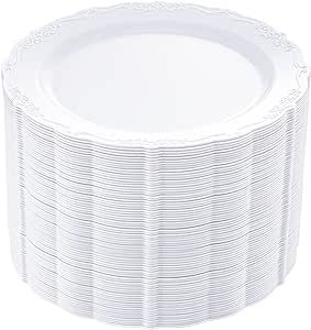 DaYammi 60PCS White Plastic Plates, Heavy Duty White Disposable Plates Premium 10.25inch White Dinner Plates Hard Plastic Plates Disposable for Party Wedding Bridal Shower