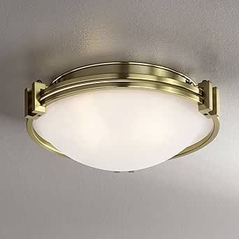 Possini Euro Design Deco Mid Century Modern Close to Ceiling Light Flush Mount Fixture 12 3/4" Wide Warm Brass Gold Satin White Glass Bowl Shade for Bedroom Kitchen Living Room Hallway Bathroom