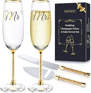 Wedding Cake Knife and Server Set - Cake Cutting Set for Wedding Champagne Flutes Toasting Glasses Engraved Mr & Mrs for Bride and Groom Wedding Engagement Valentine's Day Gifts for Couples