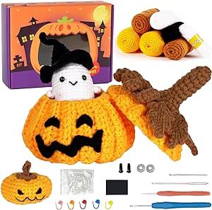 Crochet Kits for Beginners Animals Pumpkin Candy Bag, Crochet Starter Kit with Video Tutorials, Amigurumi Crocheting Kits with 6 Colors of Yarn DIY Gift for Starters Adult Kids Party