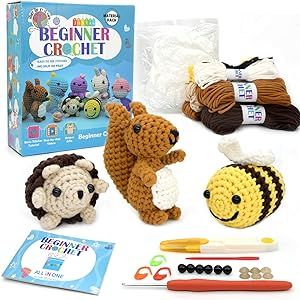 Crochet Kit for Beginners,Beginner Crochet Kit for Adults Kids,Crochet Animal Kit with Step-by-Step Video Tutorials and Beginner Crochet Yarn,Amigurumi Crochet Starter Kit(Bee/Hedgehog/Squirrel)