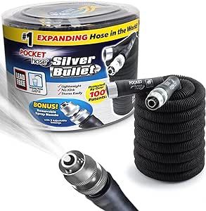 Pocket Hose Silver Bullet 50 ft Turbo Shot Nozzle Multiple Spray Patterns Expandable Garden Hose 3/4 in Solid Aluminum Fittings Lead-Free Lightweight and No-Kink,Black