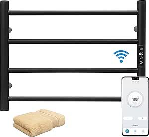 Smart WiFi Towel Warmer Wall Mounted with Built-in Timer and Temperature Adjust Control, 4 Bars Electric Stainless Steel Heated Towel Racks for Bathroom Matte Black