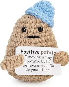 Mini Funny Positive Potato - 3 Inch Knitted Crochet Doll, Complete with an Uplifting Positive Card, Ideal for Cheer Up, Encouragement, Room Decor, Gifts for Friends, Lovers, Easter (Blue)