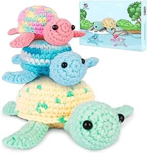 Crochet Kit for Beginners, Beginner Crochet Kit for Adults with Step-by-Step Video Tutorials, DIY Crochet Animal Kits Kids Knitting Supplies, 3 Pack Turtle Family (40%+ Yarn)