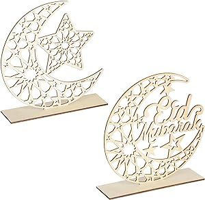 2 Pieces Wood Ramadan Decorations Islamic Eid Mubarak Kareem Table Sign Moon Hollow Star Ornament for Muslim Party Tabletop Decor Home Art Craft Decoration Moon