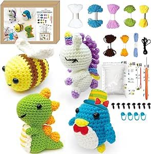 Crochet Kit for Beginners, 4Pcs Animal Crochet Kit for Adults Include Videos Tutorials, Yarn, Eyes, Stuffing, Crochet Hook, Instructions, Kids Boys Girls Birthday Gifts
